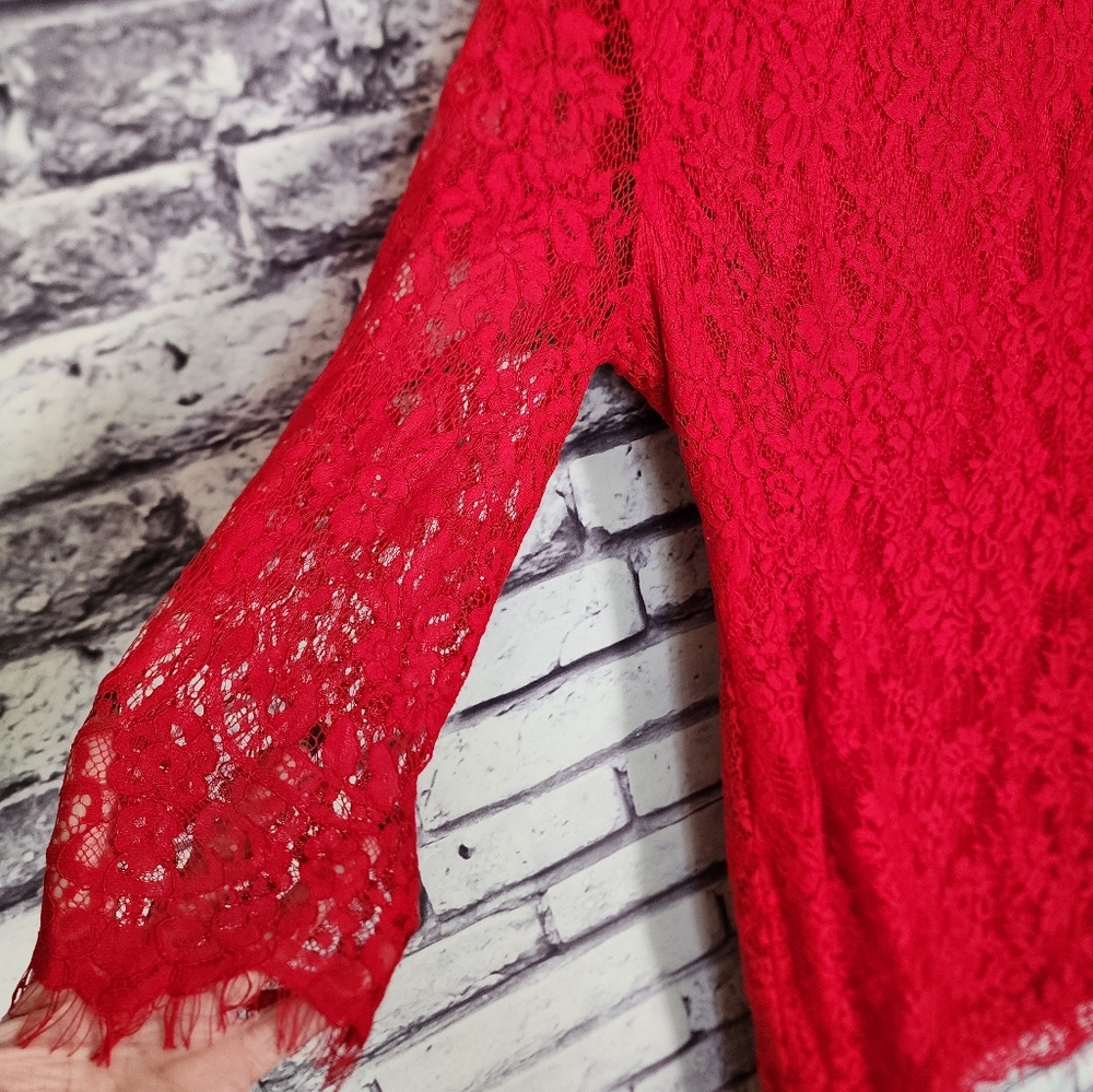 Red Lace Overlay Long Sleeved Dress - S - Picture 4 of 8
